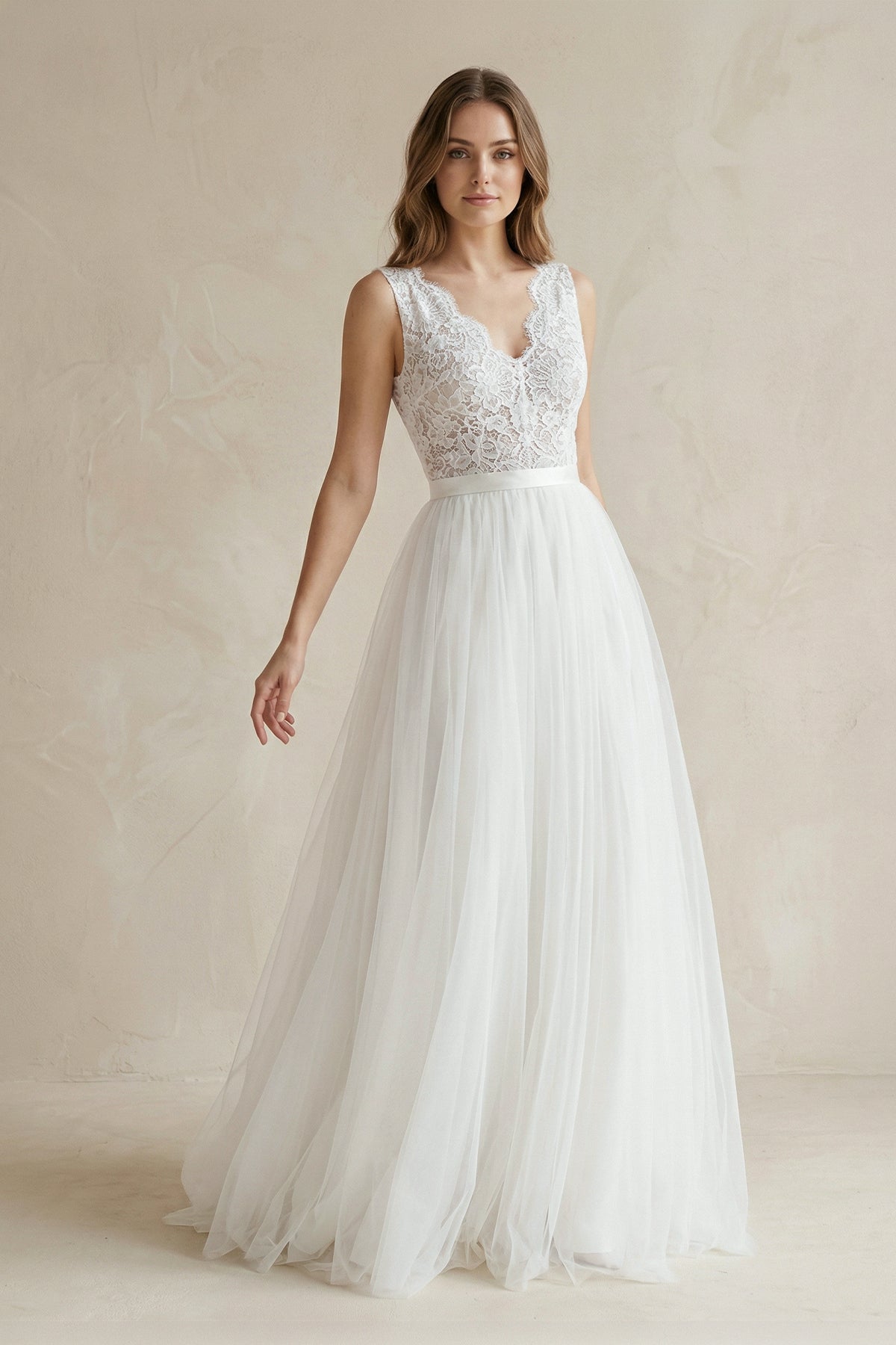 Rustic Boho Elegant A Line Tulle Lace V-neck Open Back Floor Length Sleeveless Wedding Dress