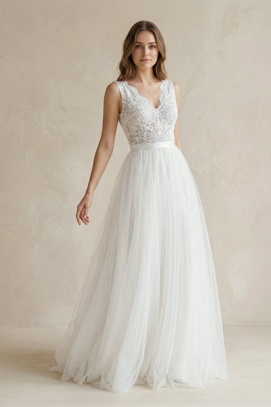 Rustic Boho Elegant A Line Tulle Lace V-neck Open Back Floor Length Sleeveless Wedding Dress
