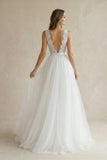 Rustic Boho Elegant A Line Tulle Lace V-neck Open Back Floor Length Sleeveless Wedding Dress