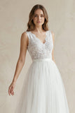 Rustic Boho Elegant A Line Tulle Lace V-neck Open Back Floor Length Sleeveless Wedding Dress