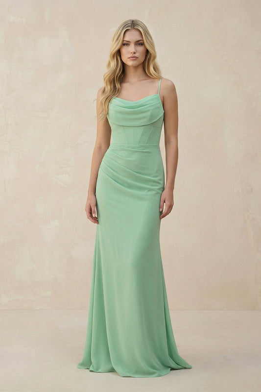 Cowl Neck Sheath Chiffon Bridesmaid Dress with Corset in Pale Pistachio