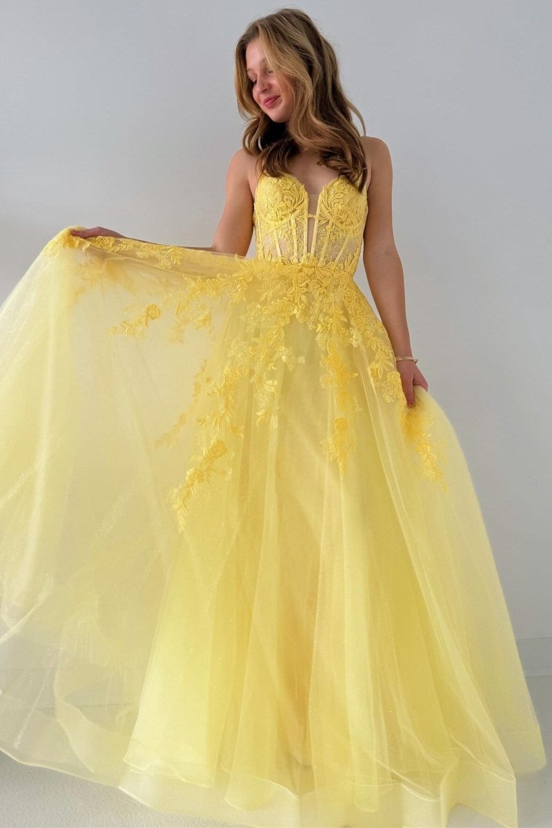 Tulle Appliques Lace-Up A-Line Long Prom Dress