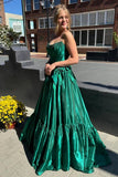 A-Line Black Strapless Satin Long Prom Dresses with Bow Knots
