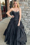 A-Line Black Strapless Satin Long Prom Dresses with Bow Knots