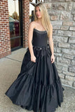 A-Line Black Strapless Satin Long Prom Dresses with Bow Knots