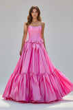 A-Line Black Strapless Satin Long Prom Dresses with Bow Knots