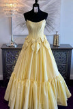 A-Line Black Strapless Satin Long Prom Dresses with Bow Knots