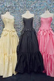 A-Line Black Strapless Satin Long Prom Dresses with Bow Knots