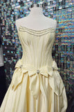 A-Line Black Strapless Satin Long Prom Dresses with Bow Knots