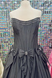 A-Line Black Strapless Satin Long Prom Dresses with Bow Knots
