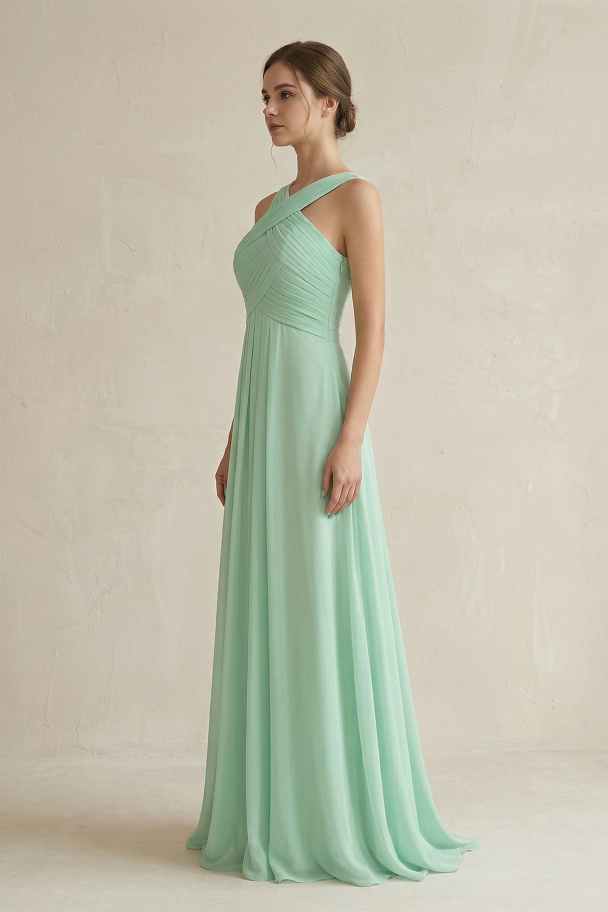 Cross Halter Chiffon A-Line Pleated Bridesmaid Dress in Pale Pistachio