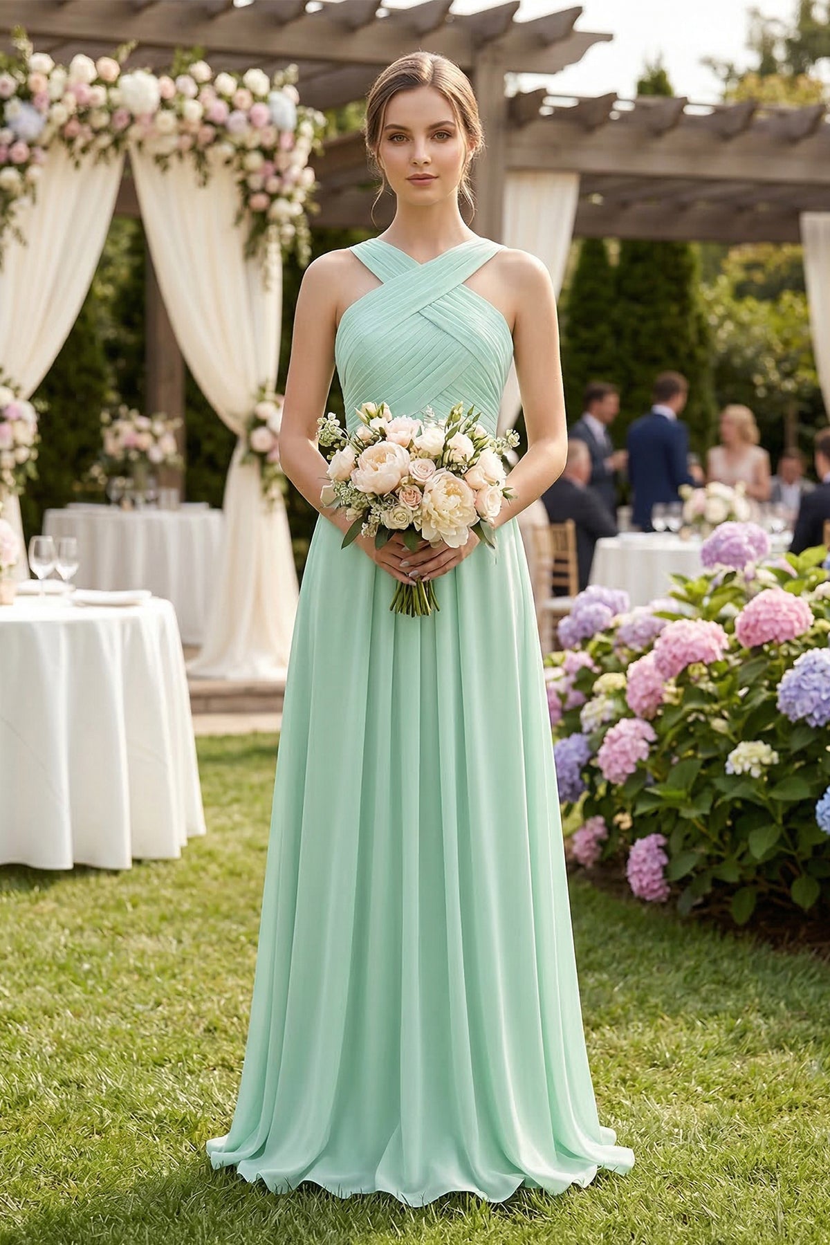 Cross Halter Chiffon A-Line Pleated Bridesmaid Dress in Pale Pistachio