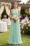 Cross Halter Chiffon A-Line Pleated Bridesmaid Dress in Pale Pistachio