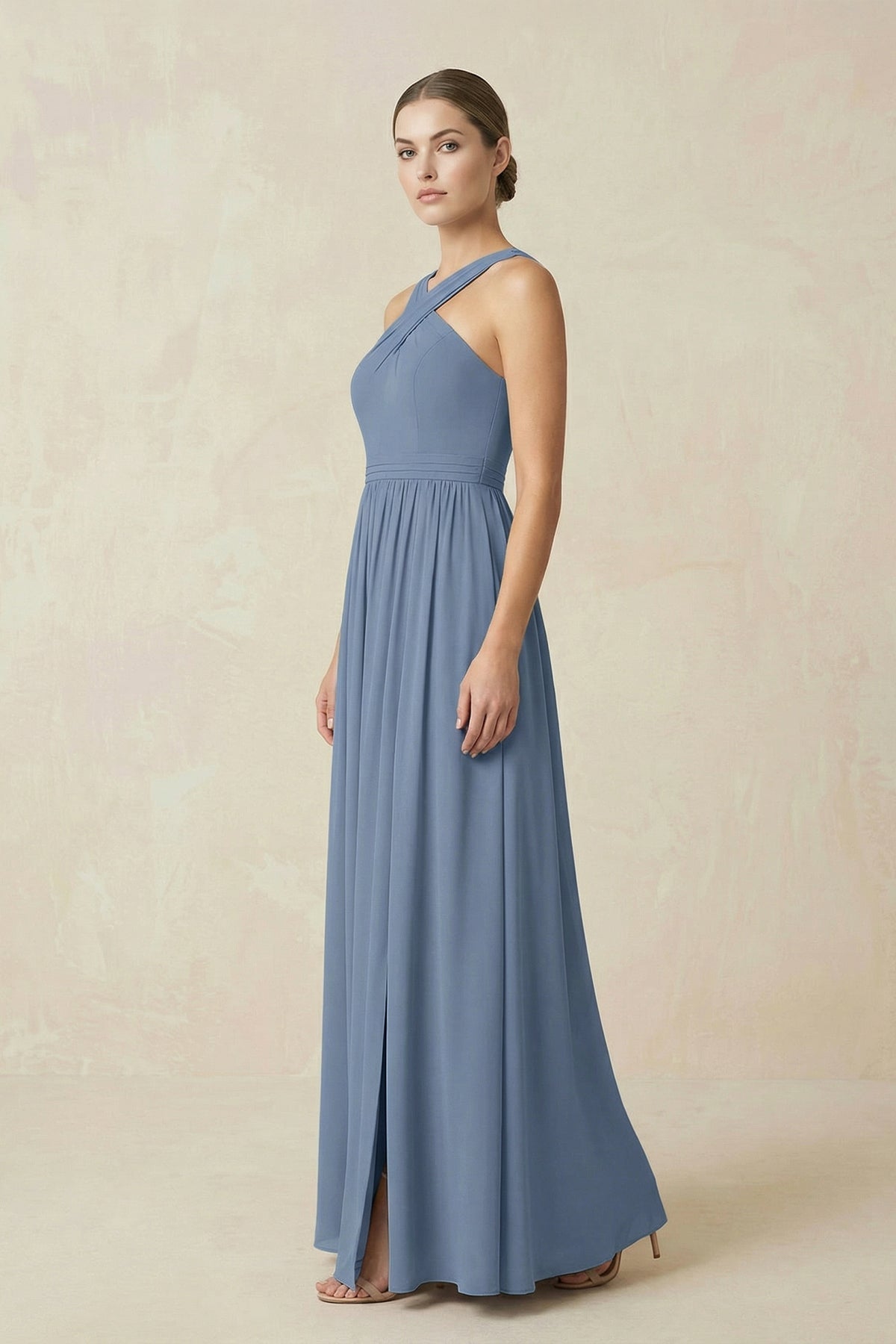 Cross Halter Neck Chiffon A-Line Bridesmaid Dress With Slit in Neptune