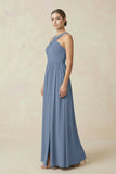 Cross Halter Neck Chiffon A-Line Bridesmaid Dress With Slit in Neptune