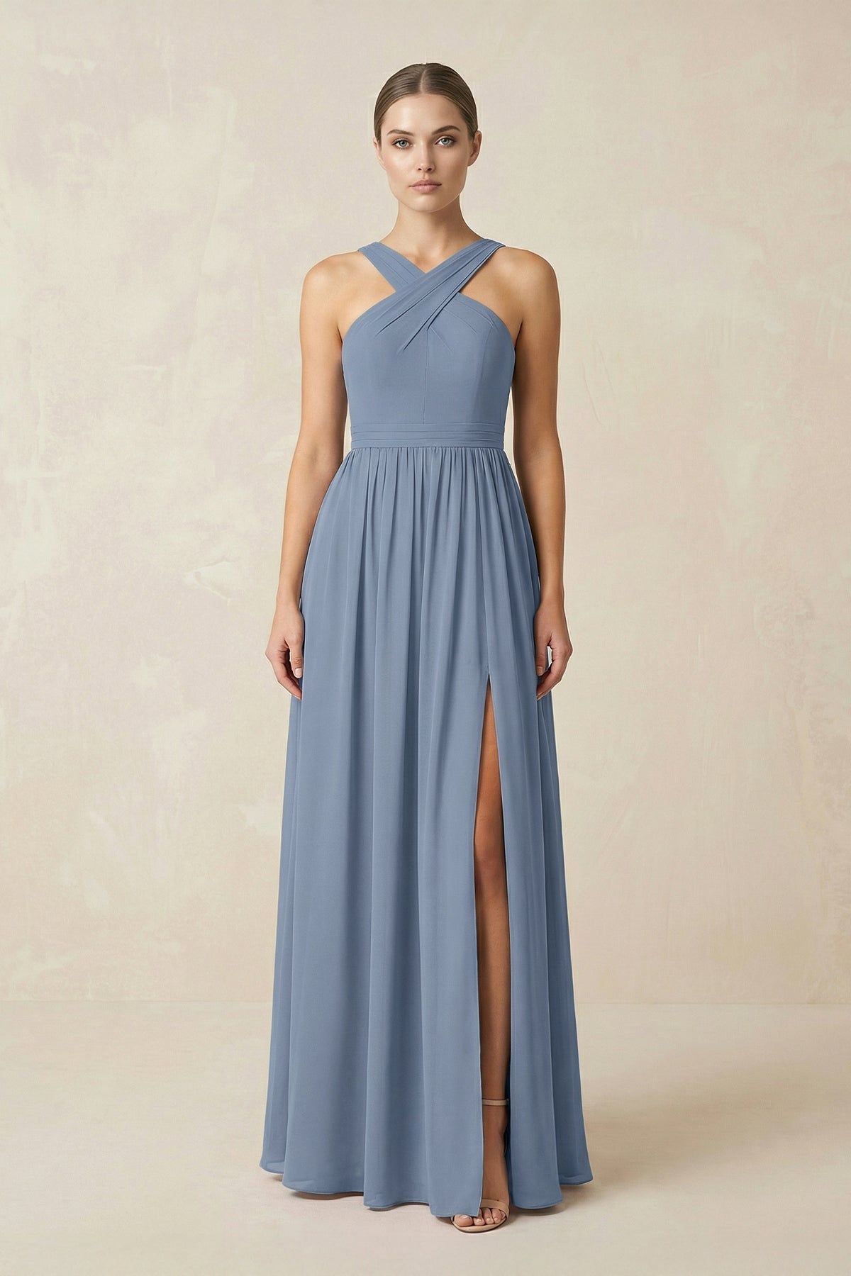 Cross Halter Neck Chiffon A-Line Bridesmaid Dress With Slit in Neptune