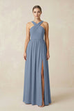 Cross Halter Neck Chiffon A-Line Bridesmaid Dress With Slit in Neptune