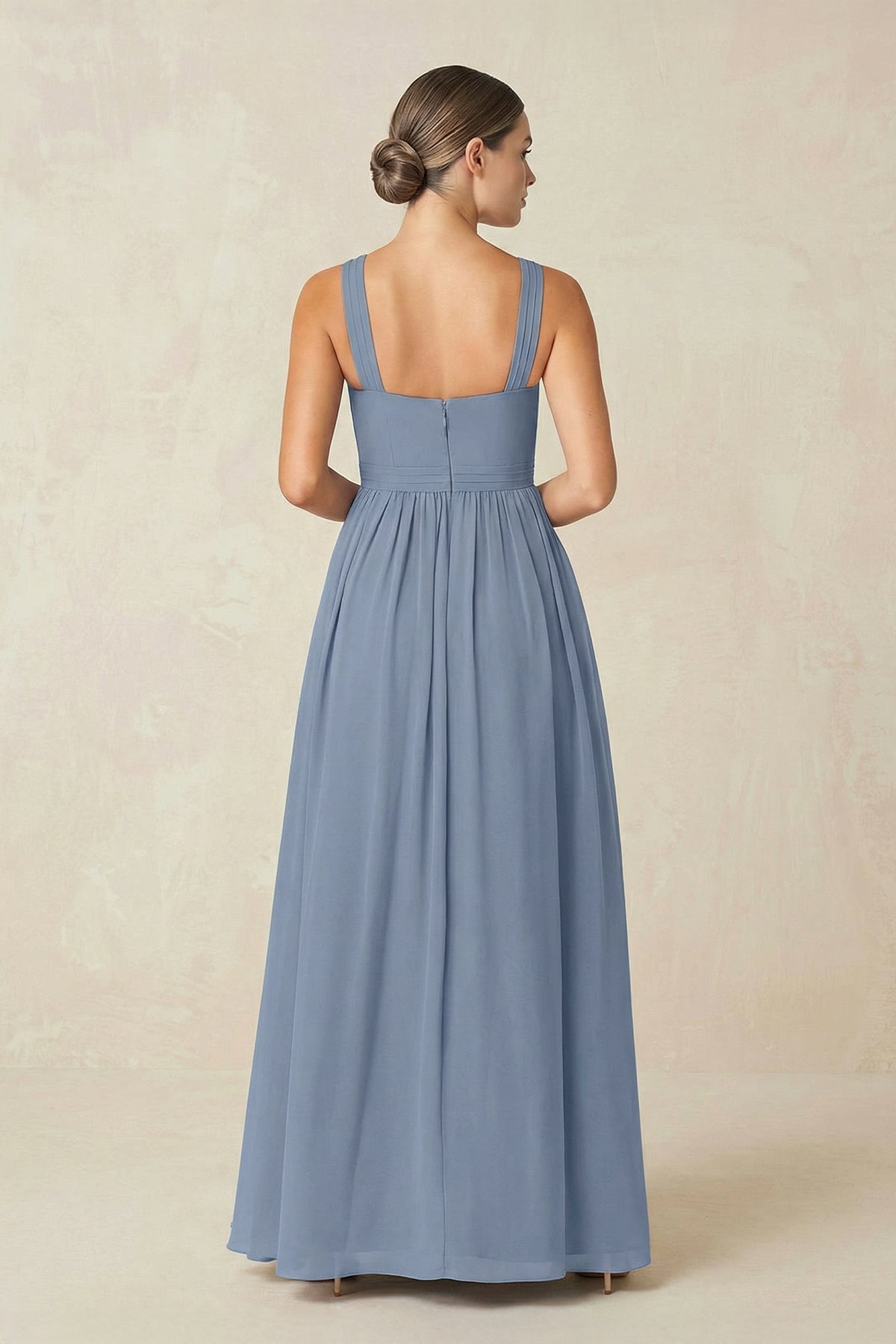 Cross Halter Neck Chiffon A-Line Bridesmaid Dress With Slit in Neptune