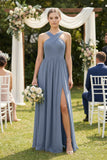 Cross Halter Neck Chiffon A-Line Bridesmaid Dress With Slit in Neptune
