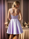 Pleated Satin A-Line Double Spaghetti Strap V-Neck Homecoming Dress Junior Bridesmaid Dresses Party Gowns