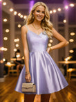 Pleated Satin A-Line Double Spaghetti Strap V-Neck Homecoming Dress Junior Bridesmaid Dresses Party Gowns