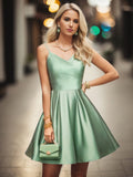 Pleated Satin A-Line Double Spaghetti Strap V-Neck Homecoming Dress Junior Bridesmaid Dresses Party Gowns