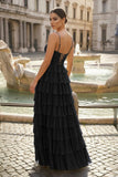 Spaghetti Straps Yellow Keyhole Tiered Ruffle Long Formal Dress