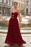 Spaghetti Straps Yellow Keyhole Tiered Ruffle Long Formal Dress