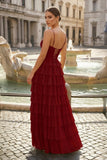 Spaghetti Straps Yellow Keyhole Tiered Ruffle Long Formal Dress