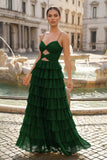 Spaghetti Straps Yellow Keyhole Tiered Ruffle Long Formal Dress