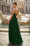 Spaghetti Straps Yellow Keyhole Tiered Ruffle Long Formal Dress