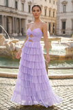 Spaghetti Straps Yellow Keyhole Tiered Ruffle Long Formal Dress