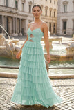 Spaghetti Straps Yellow Keyhole Tiered Ruffle Long Formal Dress