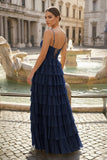 Spaghetti Straps Yellow Keyhole Tiered Ruffle Long Formal Dress