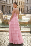 Spaghetti Straps Yellow Keyhole Tiered Ruffle Long Formal Dress
