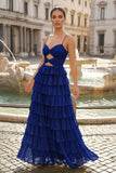 Spaghetti Straps Yellow Keyhole Tiered Ruffle Long Formal Dress