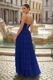 Spaghetti Straps Yellow Keyhole Tiered Ruffle Long Formal Dress