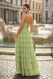 Spaghetti Straps Yellow Keyhole Tiered Ruffle Long Formal Dress