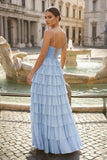 Spaghetti Straps Yellow Keyhole Tiered Ruffle Long Formal Dress