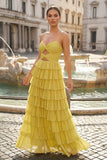Spaghetti Straps Yellow Keyhole Tiered Ruffle Long Formal Dress