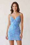 Sky Blue Bodycon V Neck Sequins Mini Party Dresses