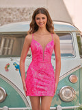 Cute Sky Blue V Neck Appliques Bodycon Mini Party Dresses