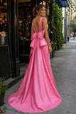 Cute Mermaid V Neck Pink Satin Long Prom Dresses with Big Bow