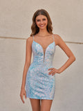 Cute Sky Blue V Neck Appliques Bodycon Mini Party Dresses