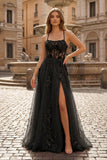 Coral Spaghetti-Straps A Line Tulle Prom Dress With Appliques