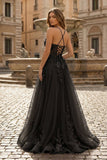 Coral Spaghetti-Straps A Line Tulle Prom Dress With Appliques