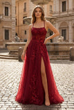 Coral Spaghetti-Straps A Line Tulle Prom Dress With Appliques