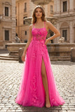 Coral Spaghetti-Straps A Line Tulle Prom Dress With Appliques