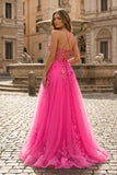 Coral Spaghetti-Straps A Line Tulle Prom Dress With Appliques