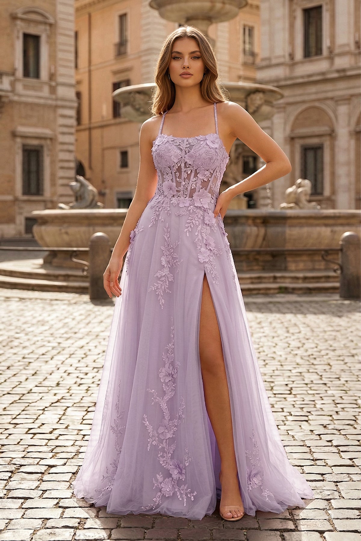 Coral Spaghetti-Straps A Line Tulle Prom Dress With Appliques